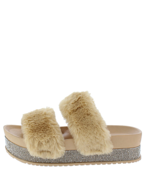 Furry502w Camel Faux Fur Dual Strap Sparkle Slide Flat