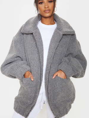 Grey Oversized Borg Pocket Front Coat