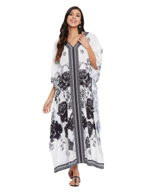 Black & White Polyester Kaftan Long Maxi Dress Plus