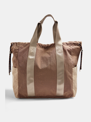 Beige Nylon Drawstring Tote Bag