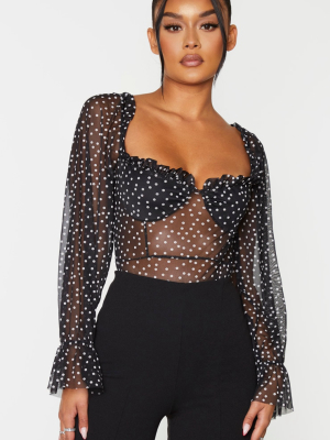 Black Mesh Polka Dot Milkmaid Bodysuit