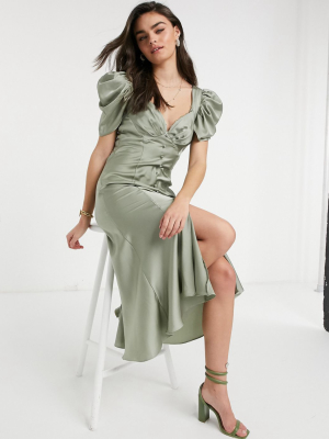 Asos Design Button Through Midi Dress With Drape Shoulder Detail