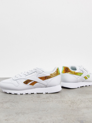 Reebok Classic Leather Sneakers In White With Iridescent Snake Print Detailing