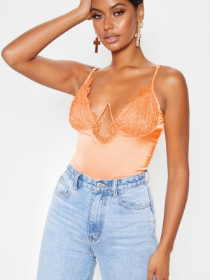 Orange Satin Lace V Cup Bodysuit