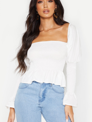 White Shirred Puff Long Sleeve Crop Top