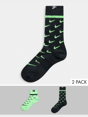 Nike 2 Pack Socks In Black/neon Green