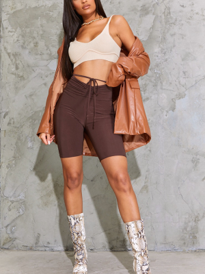 Chocolate Slinky Ruched Tie Waist Bike Shorts