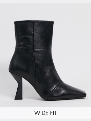 Asos Design Wide Fit Elodie Premium Leather Square Toe Heeled Boots In Black