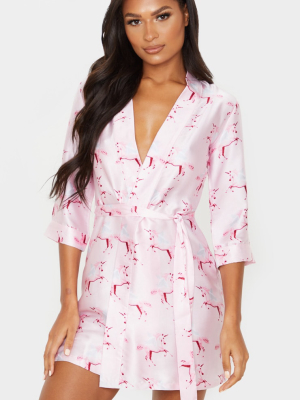 Prettylittlething Pink Satin Unicorn Print Robe