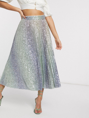 Asos Design Ombre Sequin Pleated Midi Skirt