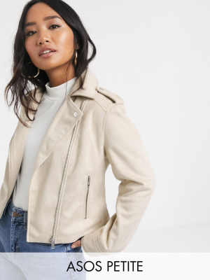 Asos Design Petite Suedette Biker Jacket In Stone