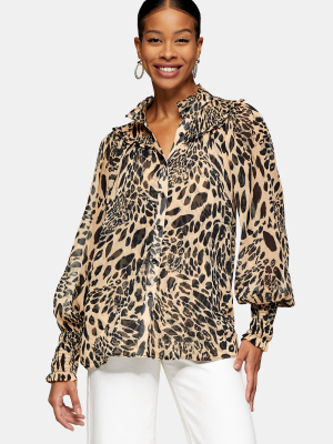 Black And White Animal Print Shirred Blouse