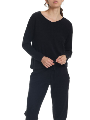 Super Soft Waffle V-neck Long Sleeve Top In Black