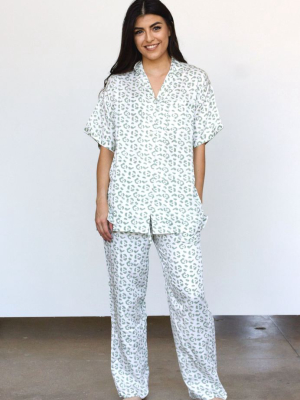 Modal Leopard Pajama Set - Cream + Sage