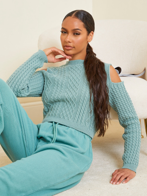 Sage Green Cable Cropped Cut Out Shoulder Sweater