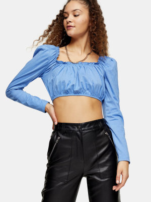 Blue Square Gathered Long Sleeve Top