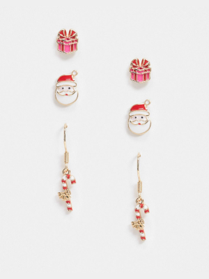 Asos Design Christmas Pack Of 3 Earrings In Santa's Workshop Designs In Gold Tone