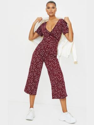 Burgundy Ditsy Floral Twist Plunge Culotte...