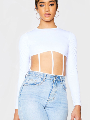 White Crepe Cut Out Panel Long Sleeve Bodysuit