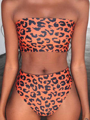 Wild High Wasited Cheetah Ruched Bandeau Bikini Swimsuit - Two Piece Set