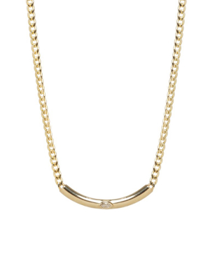 14k Small Curb Chain With Marquise Diamond Curved Chubby Bar Necklace