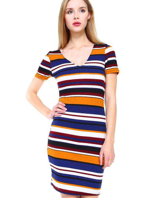 Multi Stripe V-neck Short Sleeve Dress