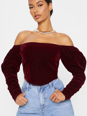 Plum Velvet Puff Sleeve Bardot Crop Top