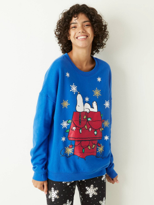 Women's Peanuts Snoopy Christmas Light Up Graphic Sweatshirt - Blue