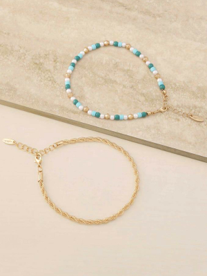 Seaside Turquoise And Pearl 18k Gold Plated Anklet Set