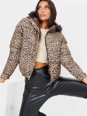 Leopard Faux Fur Trim Hood Puffer Jacket