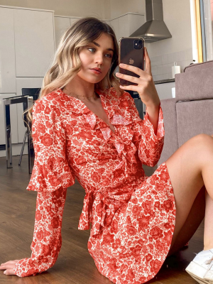 Topshop Wrap Mini Dress In Red Floral Print