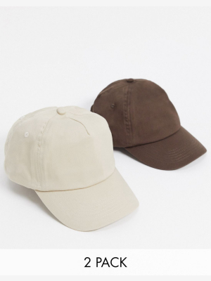 Asos Design 2 Pack Baseball Cap In Brown And Ecru Save