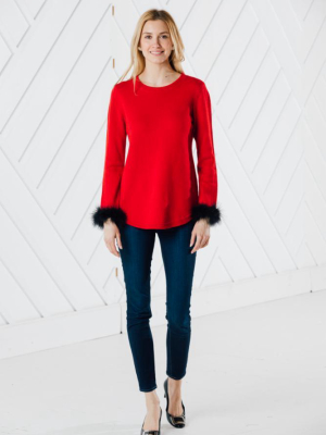 Long Sleeve Round Hem Sweater With Faux Fur (two Colors Red Or Black)