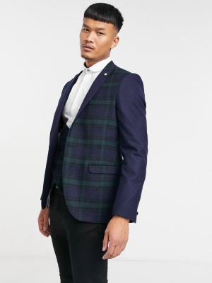 Twisted Tailor Suit Jacket With Contrast Sleeves In Green And Navy Check