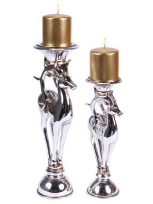 Melrose Set Of 2 Silver Reindeer Christmas Pillar Candle Holders 16"