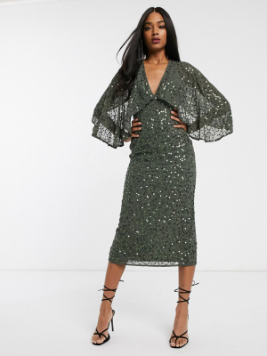 Asos Design Midi Dress With Cape Kimono Sleeve In Scatter Sequin