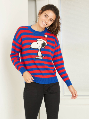 Women's Peanuts Snoopy Striped Holiday Graphic Pullover Sweater