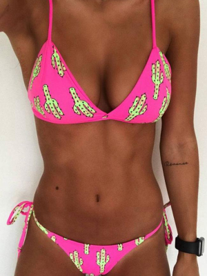 Cactus Printed Tie Side String Thong Triangle Brazilian Bikini Swimsuit - Two Piece Set