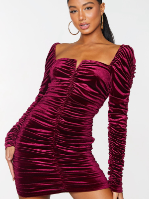 Wine Velvet Long Sleeve Ruched V Neck Bodycon...