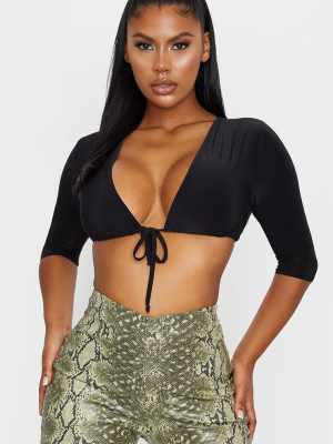 Black Slinky Short Sleeve Tie Waist Crop Top