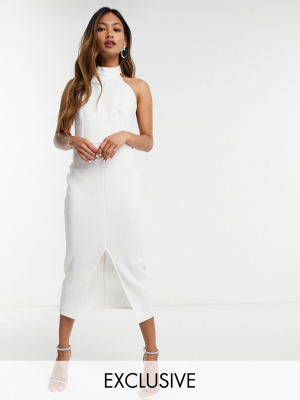 True Violet High Neck Backless Split Body-conscious Midi Dress In Ivory