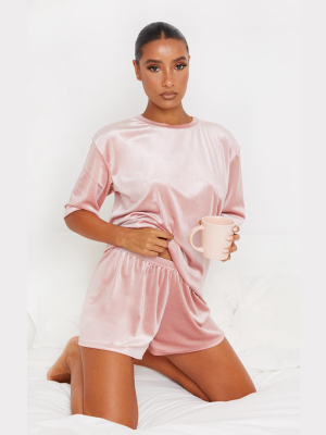 Pale Pink Velvet Oversized T-shirt And Shorts Set