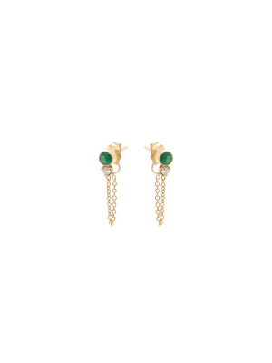 14k Emerald And Diamond Chain Stud Earrings