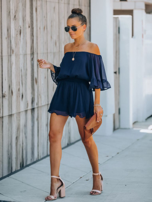 Definitely Demure Off The Shoulder Chiffon Romper - Navy - Final Sale