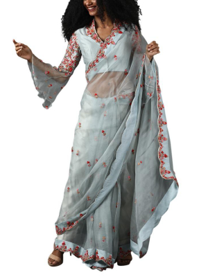 Light Blue Organza Silk Saree Set With Pink Embroidery