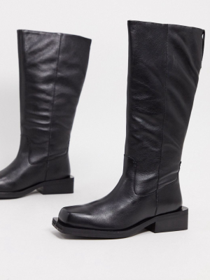 Asos Design Charly Premium Leather Trucker Knee Boots In Black