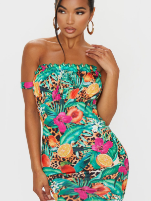 Brown Leopard Fruit Ruched Bardot Bodycon Dress