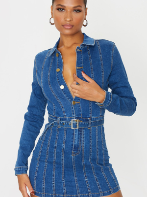 Mid Blue Wash Belted Seam Detail Denim Dress