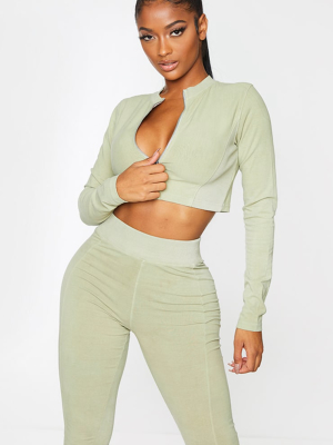 Shape Khaki Washed Zip Rib Panel Detail Crop Top