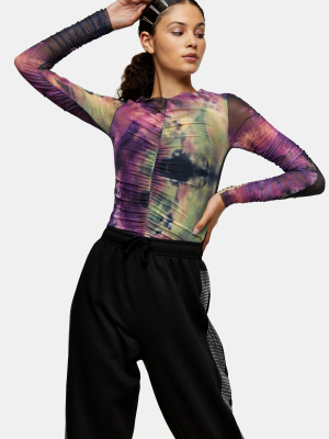 Tie Dye Ruched Mesh Top